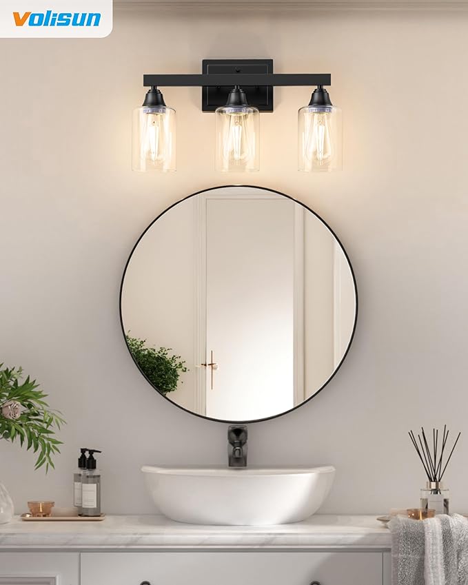 VOLISUN Matte Black Bathroom Light Fixtures, 3-Light Bathroom Vanity Light Over Mirror, Modern Vanity Lights for Bathrooms, Bathrooms Lights Fixtures Over Mirror with Clear Glass Shades