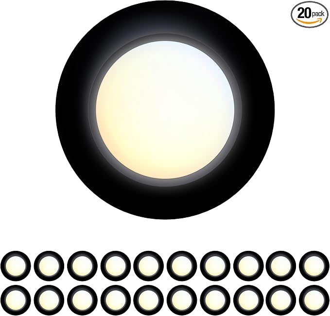 20 Packs 4 Inch Black LED Low Profile Recessed & Surface Mount Disk Light, Round, 10W, 600 Lumens, 5CCT Field Selectable, CRI80, DOB Design, Dimmable, ETL Listed