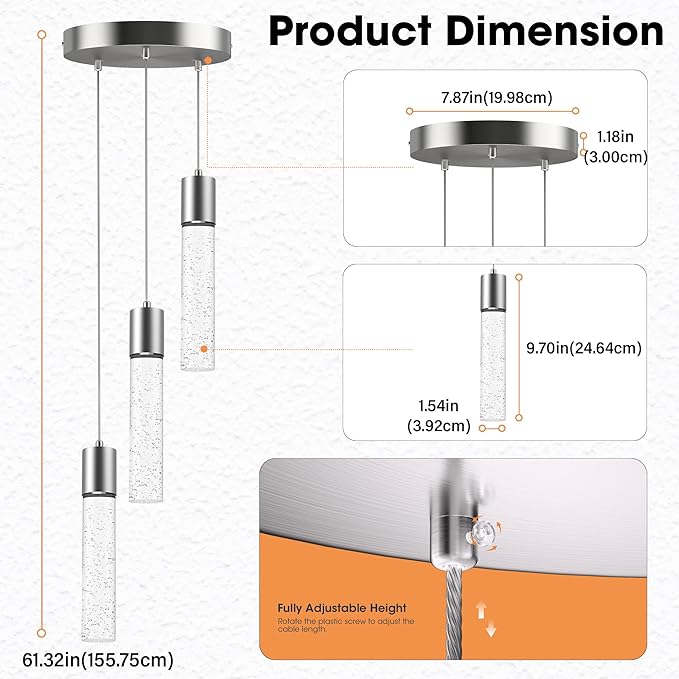 Pendant Lights Kitchen Island, Modern Kitchen Island Lights, Ceiling Lighting Fixtures with Crystal Bubble, Integrated LED Hanging Light Nickel 1 Pack(3-Light)