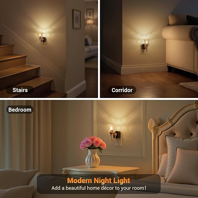 JandCase Night Light, 2 Pack Floral Night Lights Plug into Wall, Glass Flower LED Nightlight, 0-100 LM Dimmable Nightlights with Light Sensor, 1W Vintage Nite Light for Bathroom Gift Vanity Decor