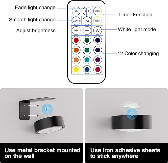 3 Pack Picture Lights for Wall, 13 RGB Color Rechargeable Battery Operated wall lights, Picture Frame lights with 3 Lighting Modes, Wireless Magnetic Painting Light with Remote Control Timer, (Black)