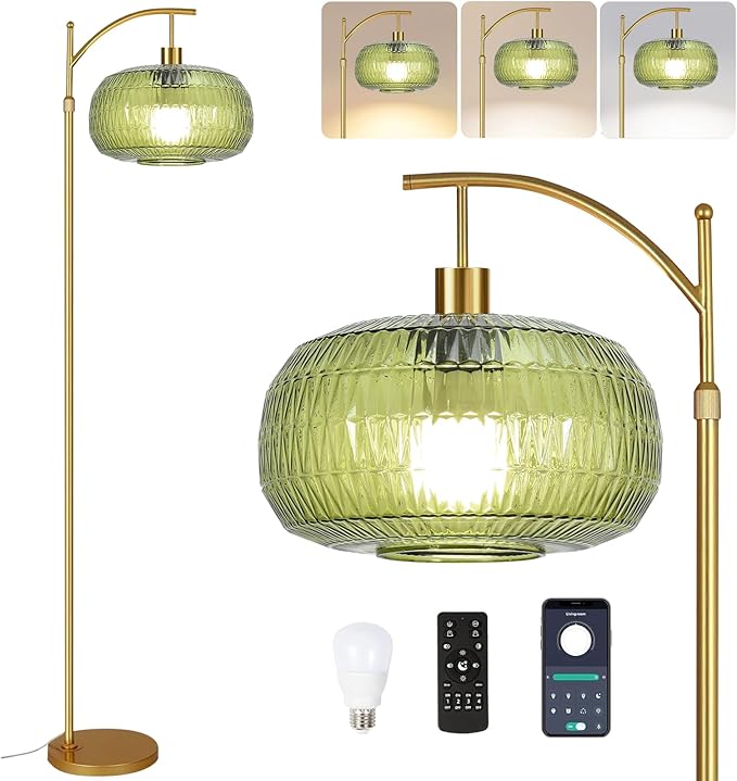 QIYIZM Green Floor Lamp for Living Room,Bedroom,Gold Dimmable Standing Lamp with Remote,Mid Century Modern Brass Tall Lamp Boho Floor Lamps Arc Stained Glass Floor Light Lamp Girls Bohemian
