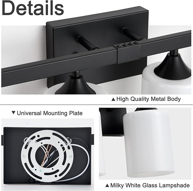 ZHU YAN Bathroom Lights Fixtures Over Mirror,4-Light Vanity Light Fixtures,White Frosted Glass Shades,22 Inches Modern Matte Black Wall Sconces for Bathroom,Bedroom,E26 Base