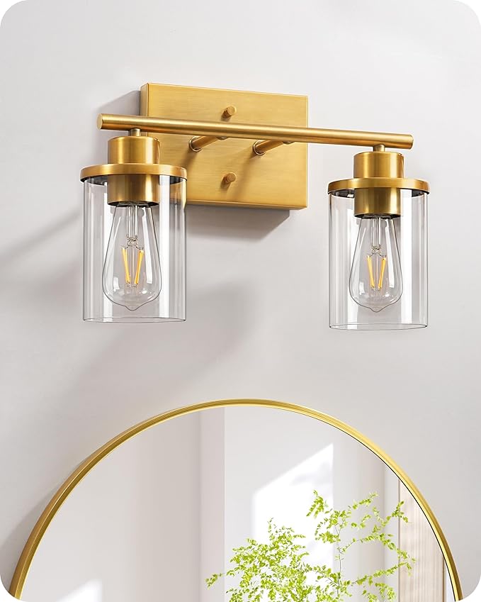 EDISHINE Bathroom Light Fixtures, 2-Light Gold Bathroom Vanity Light, Modern Wall Sconces with Clear Glass Shades for Powder Room, Vanity Table, Mirror, Kitchen (E26 Base)