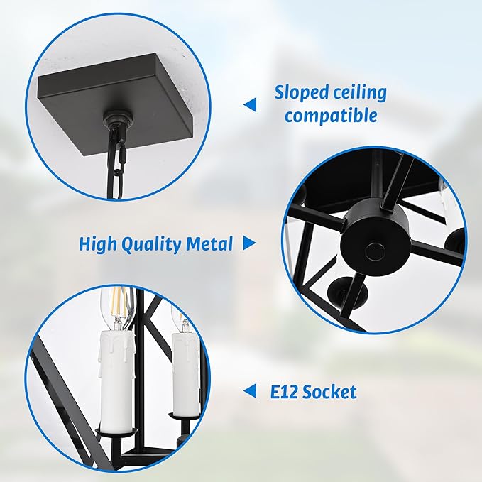 Black Exterior Pendant Lights for Porch with Clear Glass 4 Light Adjustable Hanging Lamp Farmhouse Lantern Porch Light Exterior Chandelier Ceiling Mount for Entrance Patio, White Candle Socket