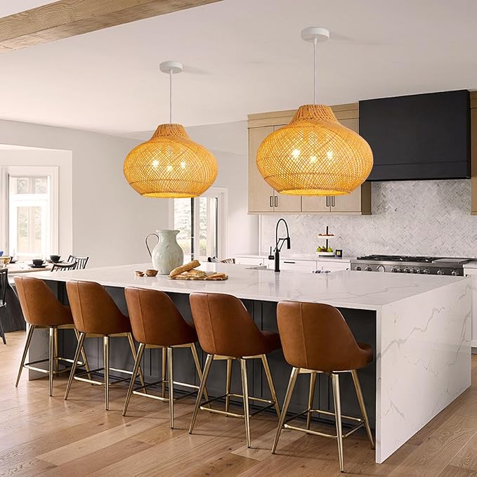 3-Light Rattan Pendant Light,18.9" Round Hanging Light,1-Pack Wicker Pendant Light Hand-Woven Rattan Chandelier for Workplace Dining Living Bedroom Kitchen Farmhouse