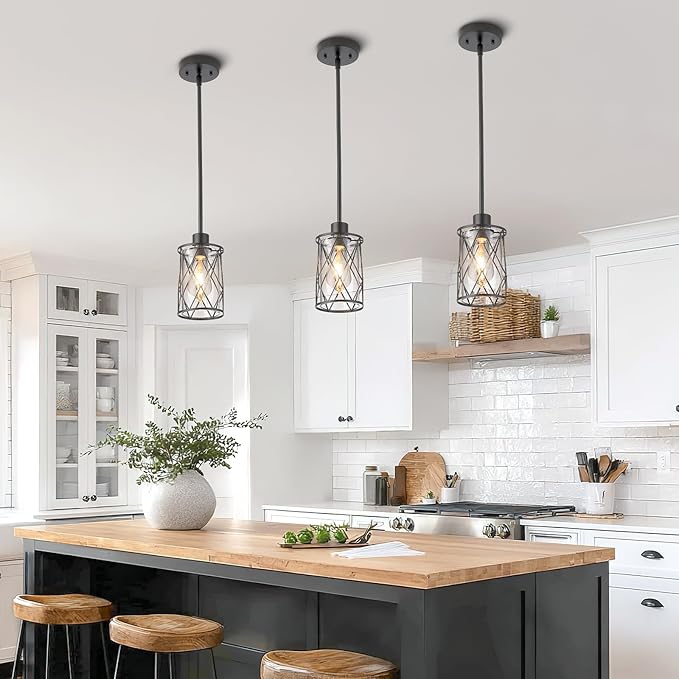 Refice Glass Pendant Lights Kitchen Island, Black Kitchen Hanging Light with Clear Glass, Farmhouse Cage Mini Pendant Lighting for Sink Dining Room Bedroom Bar, 1 Pack