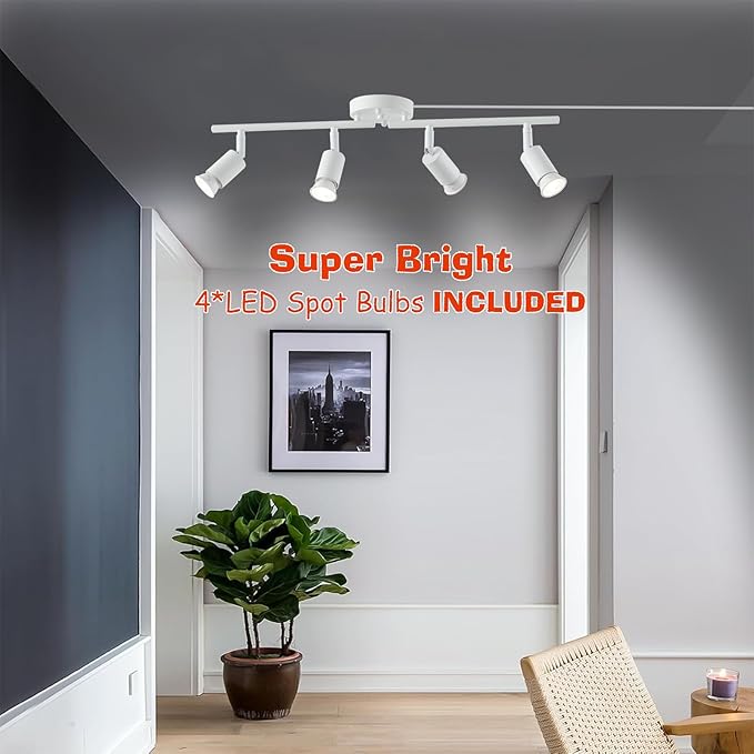 Dimmable 4 Light White Plug in Track Light White Plug in Ceiling Lighting Fixture with 16.4' Long Cord,4 Way Ceiling Spotlight,Rotatable Wall Mount Light Head,LED dimmable Spot Bulbs Included