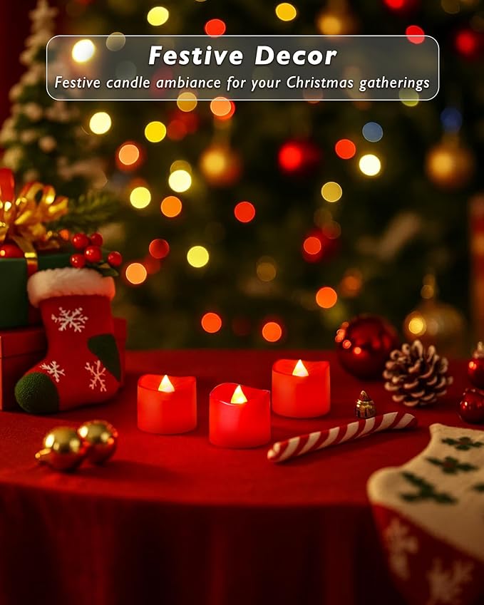 Raycare 24 Pack Red Battery Operated Tea Lights, 200+Hour Electric Flickering Flameless Candles, Realistic Votive LED Tea Lights for Wedding Party Table Halloween Christmas Decorations