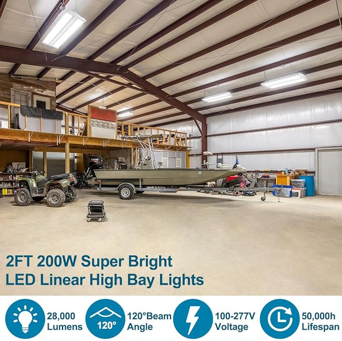 4-Pack High Bay LED Shop Lights 200W 2FT 28000LM, 200W/150W/100W Selectable, 4000K/5000K Adjustable, 100-277V, Linear High Bay Lights for Warehouse Workshop Supermarket Stadium, ETL Listed