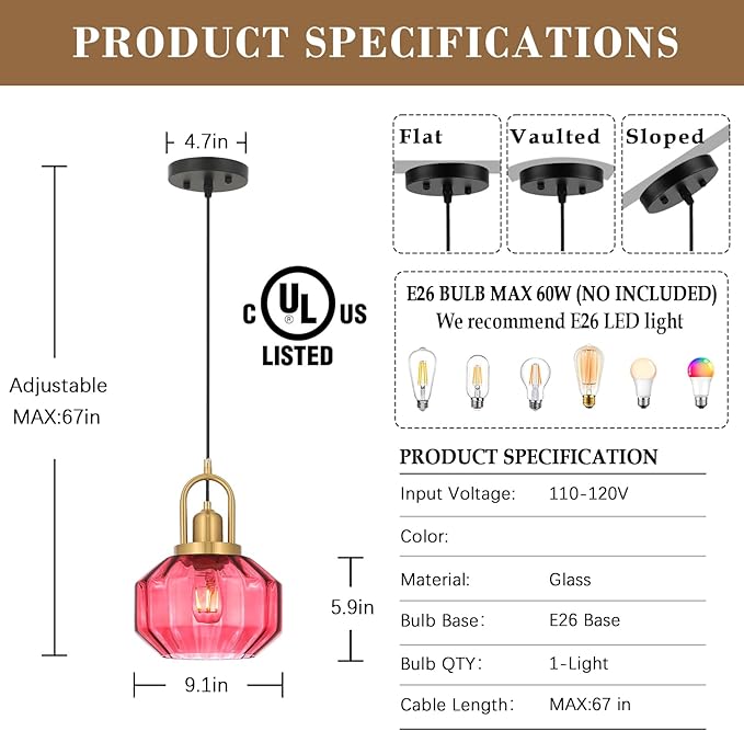 9in Mid Century Modern Wine Red Glass Pendant Light Fixture, Small Gold Kitchen Island Pendants Light Glass Ceiling Hanging Lamp for Foyer Dining Room Bedroom Entryway Hallway Over Sink