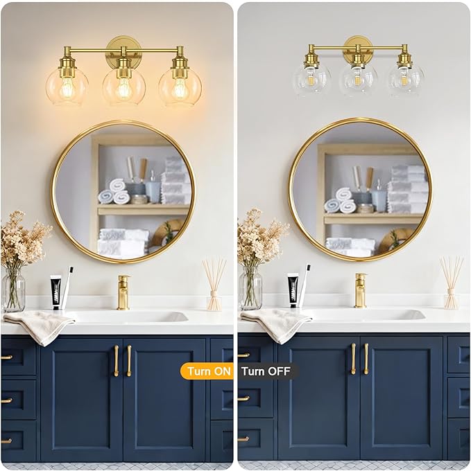Bathroom Light Fixtures, 3-Light Brushed Gold Vanity Light Globe Glass Shades, Bathroom Lighting Fixtures Over Mirror, Wall Sconces for Master Bathroom, Guest Bathroom, Powder Room, 20-inch