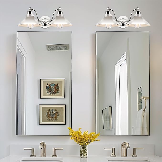 Kira Home Welton 19" 2-Light Modern Farmhouse Vanity Light with Dual Funnel Shades, Industrial Wall Sconce Bathroom Light, Polished Nickel Finish