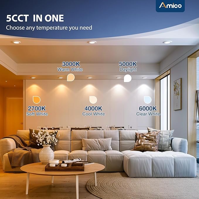 Amico 5/6 inch 5CCT LED Recessed Lighting 4 Pack, 12W=100W, 950LM Adjustable Can Lights, 2700K/3000K/4000K/5000K/6000K Selectable, Dimmable, IC & Damp Rated, Retrofit Installation - ETL & FCC