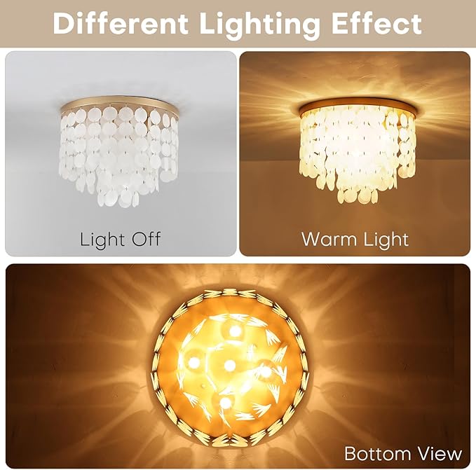Gold Modern Capiz Shell Ceiling Light Fixture, 17.7" Coastal Flush Mount Lighting for Bedroom, Living Room, Kitchen, Hallway, Nursery, Entryway, Closet, Dining Room | Dimmable Bathroom Chandelier