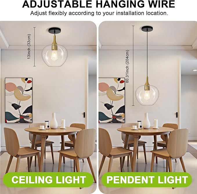 Glass Pendant Lights Kitchen Island, 9.45'' Black Gold Pendant Lighting Fixtures, Modern Hanging Ceiling Light with Clear Glass Shade for Farmhouse Dining Room Bedroom Hallway(1 Pack)