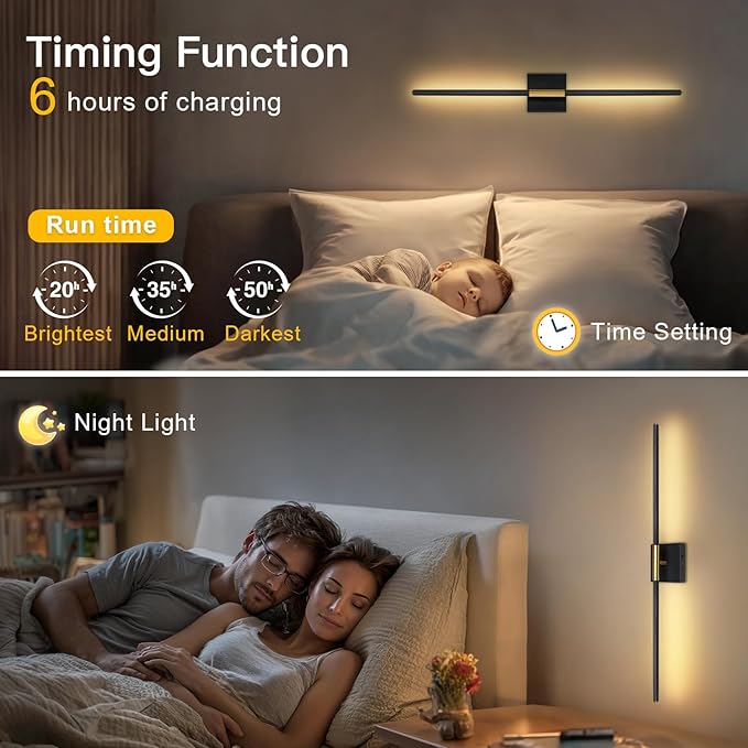 TaoFiaCo Battery Operated Wall Sconces Set of Two, Battery Wall Sconce with Remote Control, Black Gold Modern LED Rechargeable Wireless Sconces, Wall Lights for Bedroom, Living Room, 2Pack, 31.5Inch