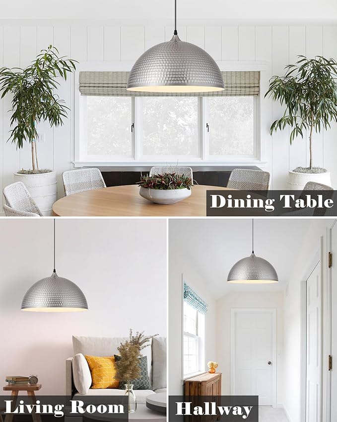 Brushed Nickel Pendant Light 16 inch, Hammered Large Dome Pendant Light, Industrial Farmhouse Pendant Lights Kitchen Island, Island Pendant Lights for Kitchen, Dining Room Living Room 2 Pack