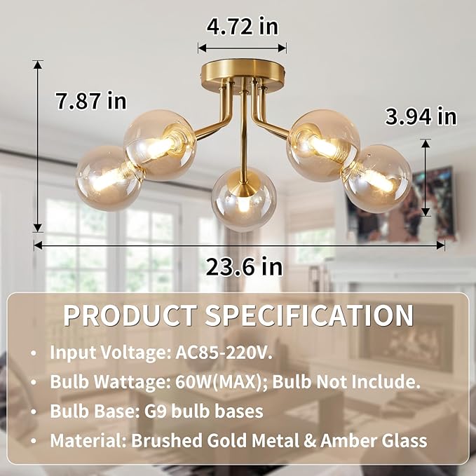 Modern Sputnik Chandeliers 5 Light Gold Semi Flush Mount Ceiling Light Fixture Pendant Lamps Bulb with Glass Globe Lighting for Bedroom Kitchen Living Dining Room Office