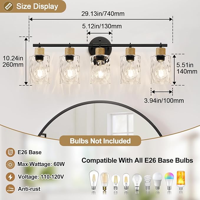 MOKATNG Bathroom Light Fixtures, 5-Light Coastal Vanity Lights with Crystal Glass Shade, Black Bathroom Wall Lamp for Mirror Kitchen Hallway Cabinet