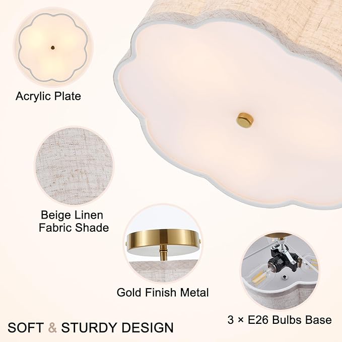 12.89" Semi Flush Mount Ceiling Light Modern 3-Lights Gold Drum Ceiling Light Fixture with Fabric Linen Shade, Vintage Modern Ceiling Lighting for Laundry Room, Kitchen, Basement, Bedroom