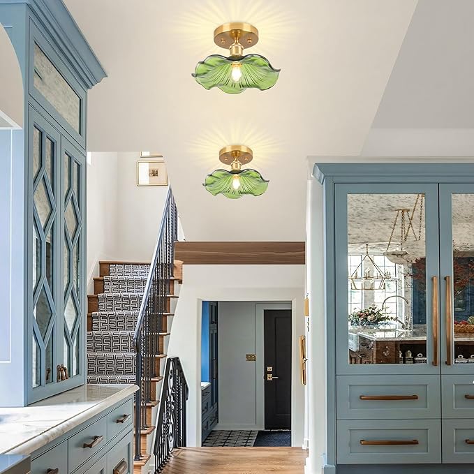 Semi Flush Mount Ceiling Light,Flower Hallway Vintage Lights Fixture Ceiling Green 8.8" Vintage Light Fixtures for Closet Hallway Kitchen Dining Room