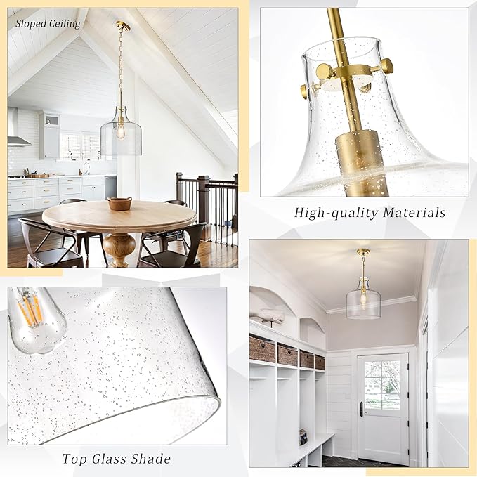CATINER 12" Gold Glass Pendant Light, Seeded Bubble Shade Modern Farmhouse Hanging Light for Kitchen Island, Dining Room, E26 Dimmable Ceiling Fixture
