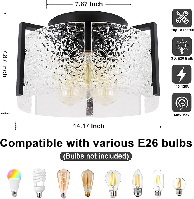 Bektas Semi Flush Mount Ceiling Light, Hallway Light Fixture,Entryway Light,Modern Bedroom Lampe,Metal Light Fixtures,Lighting Fixture Flush Mount for Kitchen Bathroom Dining Room (Black, 3-Light)