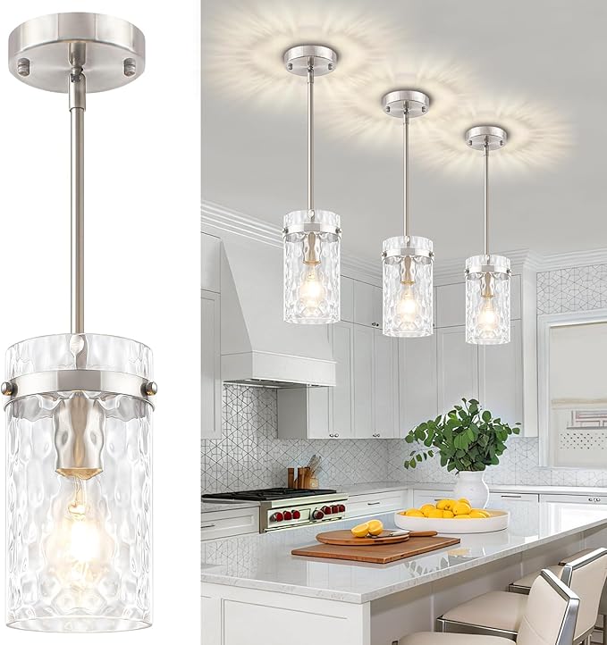 3 Pack Brushed Nickel Pendant Lights Kitchen Island, Modern Hammered Glass Pendant Lighting Over Island Hanging Bathroom Light Fixtures Adjustable Mini Pendant Light for Hallway Entryway Dining Room