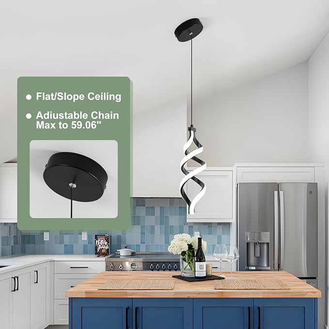 EIDISUNY Modern Led Pendant Light Fixture, 15W Black Spiral Led Chandelier Hanging Lamp, 3000K-6000K, Dimmable Pendant Lamp, Adjustable Height Pendant Light for Kitchen Island Dining Room Bedroom Cafe