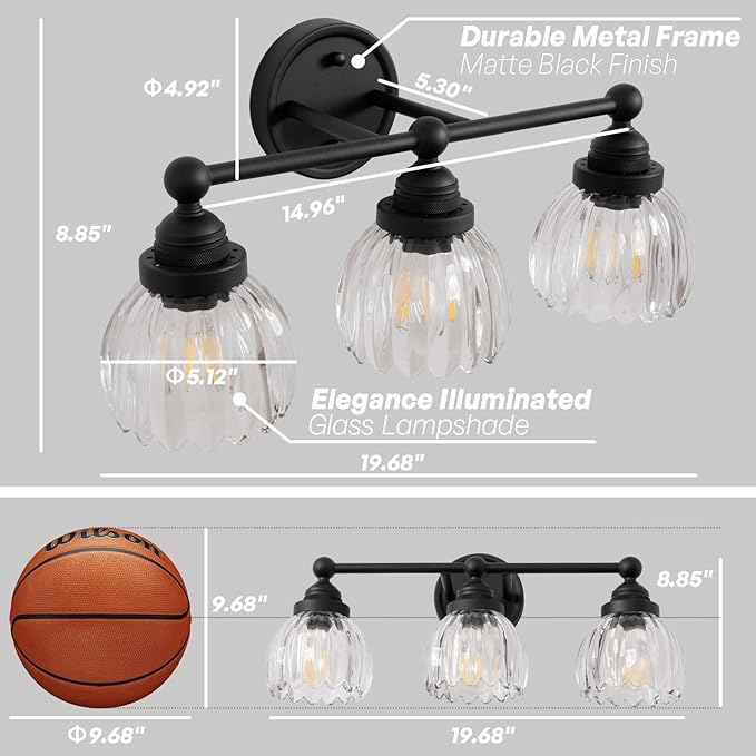 Vintage Triple Arm Tulip Glass Wall Sconce Lighting, 3-Lights Bathroom Vanity Light Fixture for Hallway Bedroom Living Room Bedside Nightstands Lights