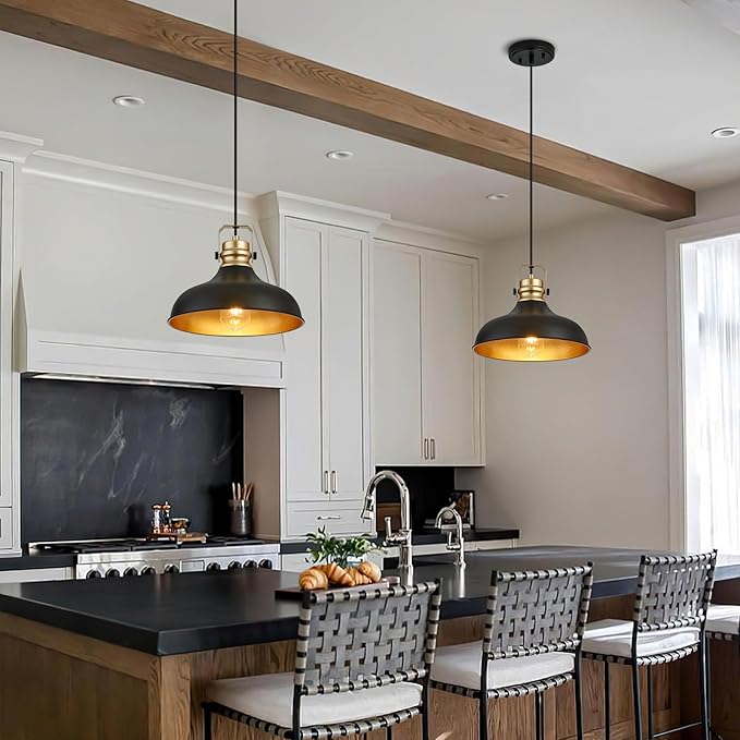 Black and Gold Farmhouse Pendant Lights Matte Pendant Lighting for Kitchen Island Industrial Adjustable Height Vintage Dome Hanging Light Fixtures for Barn, Dining Room 2 Packs