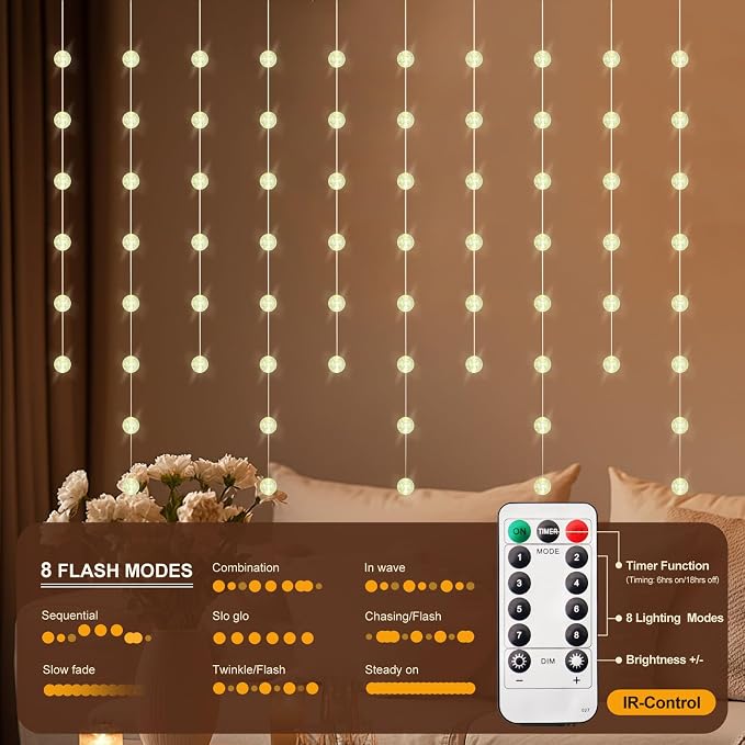 Ball Curtain Lights, Warm White Window Light 70 Balls Hanging Lights with Remote Fairy Led Twinkle String Light Home Bedroom Wall Ceiling Décor for Christmas, Wedding, Party, Birthday