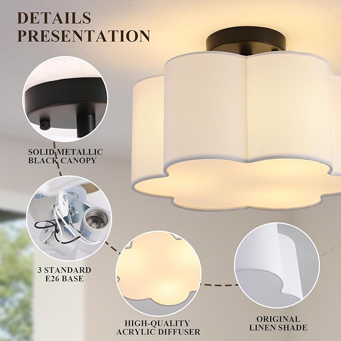 Semi Flush Mount Ceiling Light, Modern Close to Ceiling Lamp with White Flower Fabric Shade 3-Light Farmhouse Brass Ceiling Light for Nursery Bedroom Kitchen Hallway Entryway
