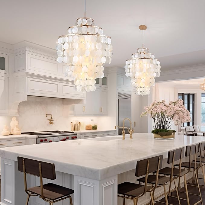 Capiz Shell Chandelier,18" Gold Coastal Chandelier Light Fixture with 4 Lights Capiz Seashell Pendant for Living Room Foyer Kitchen Island Entryway Dining Room Bedroom,LED Bulb Included