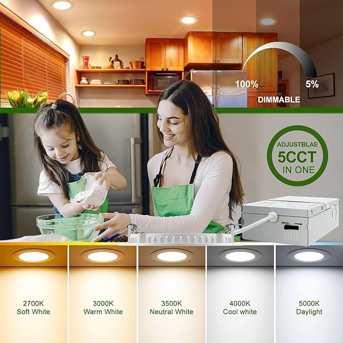 zouzai 1 Pack 4 Inch 5CCT Ultra-Thin LED Recessed Ceiling Light with Junction Box, 2700K/3000K/3500K/4000K/5000K Selectable, 9W Eqv 80W, Dimmable, led can Lights - ETL and Energy Star Certified