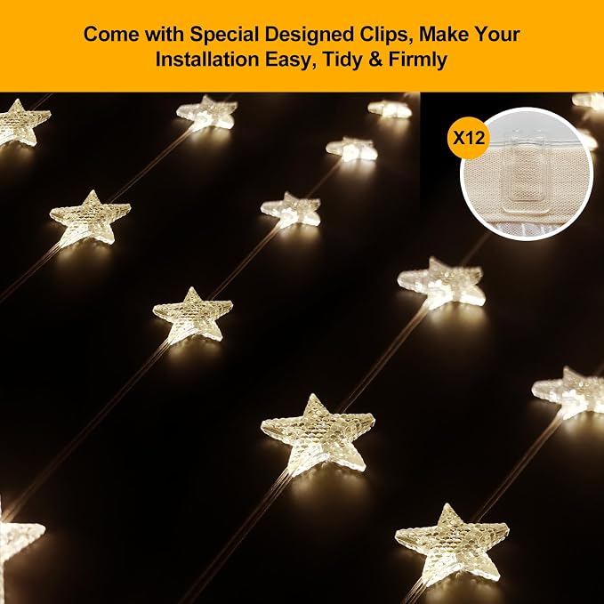 Star Curtain Lights Hanging Star Light for Window 140 Stars String Lights for Wall Décor USB Plug in 8 Modes Twinkle Fairy Lights for Christmas, Bedroom, Indoor, Outdoor, Weddings, Party (Warm White)