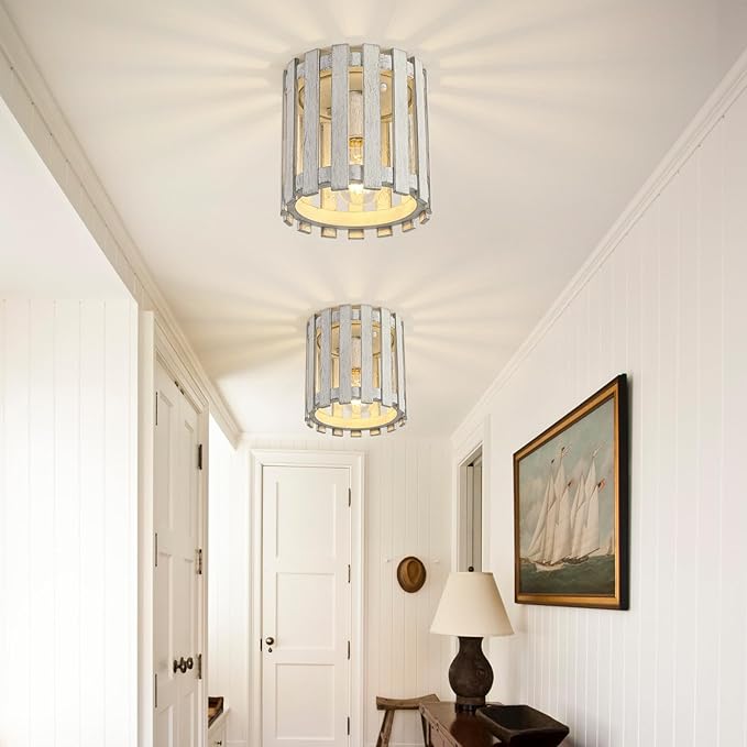 Rustic Flush Mount Ceiling Light, Farmhouse Wood Cage Semi Flush Mount Light for Entryway, Kitchen, Dining Room, White