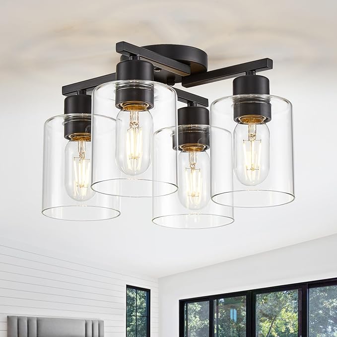 Kitchen Lighting Fixtures Ceiling, Black Semi Flush Mount Ceiling Light, 4 Light Kitchen Light Fixtures Cieling Lights with Clear Glass Shade for Bedroom Foyer Farmhouse Hallway