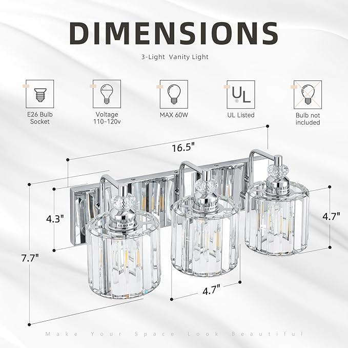 3-Light Modern Bathroom Light Fixture Chrome Bathroom Vanity Lights Over Mirror Wall Sconce Lighting with K9 Crystal Shades E26 Base for Bedroom, Living Room, Hallway, Cabinet Wall Lamp