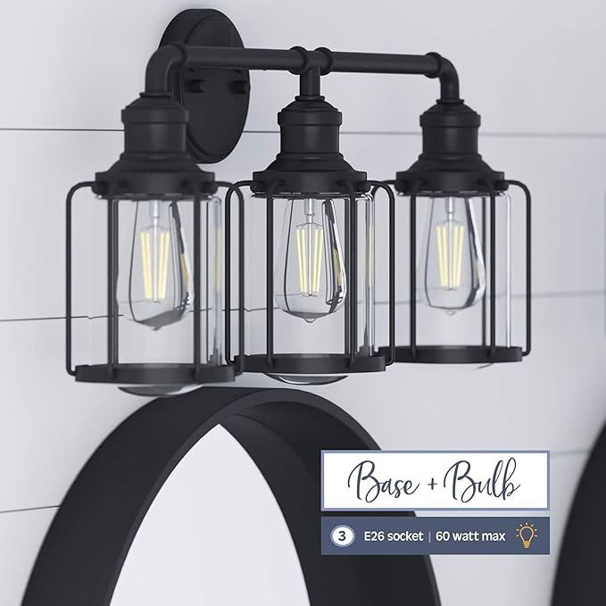 Prominence Home Lincoln Woods 3 Light Matte Black Industrial Bathroom Vanity Light with Cage and Clear Glass - 51545-01