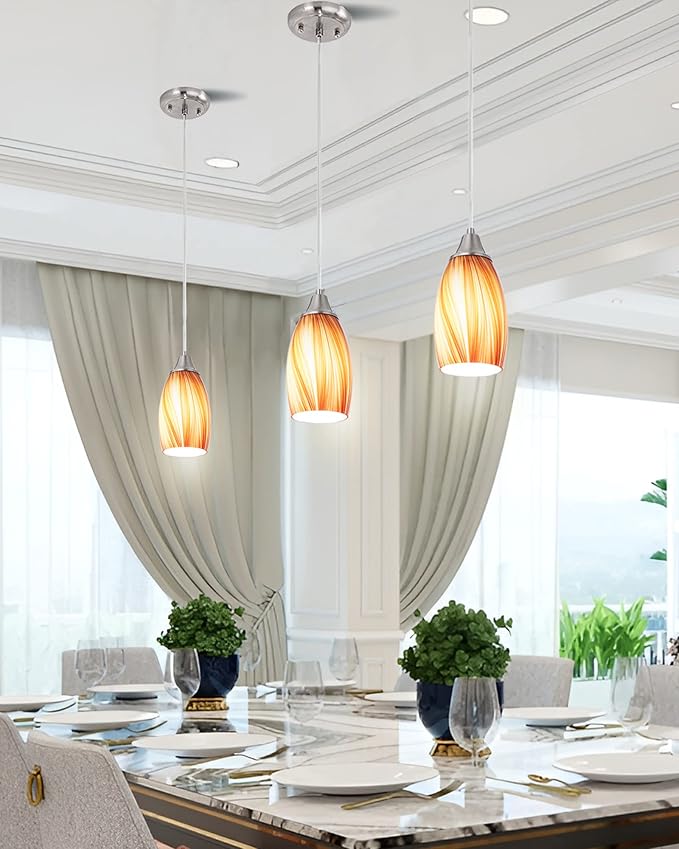 karyfine Art Glass Mini Pendant Lights for Kithen Island Blown Glass Pendant Lighting Shade with Brushed Nickel Finish 3Pack Hanging Pendant Light Kitchen Counter,Dining/Living Room Red Orange