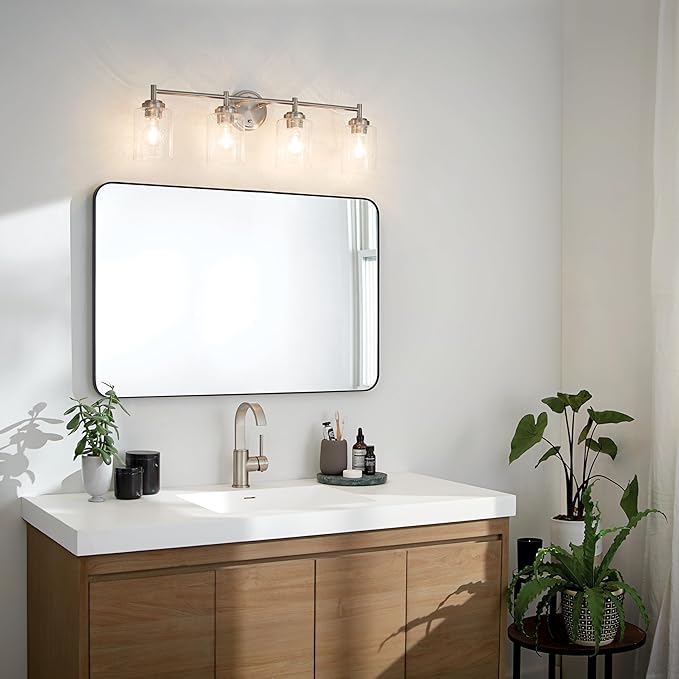 Kichler Winslow 30" Vanity Light in Brushed Nickel, 4-Light Transitional Bathroom Light with Clear Seeded Glass. (30" W x 9.25" H), 45887NI