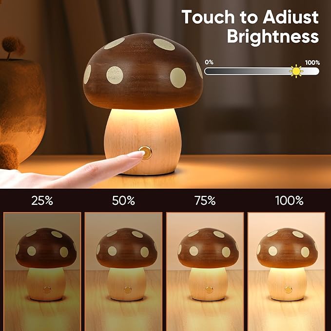 LONRISWAY 2Pack Wood Small Mushroom Table Lamp, LED Rechargeable Cordless Touch Bedside Lamps, Wireless Stepless Dimming Night Light, Portable Battery Lamp for Bedroom Nightstand for Birthday Gifts
