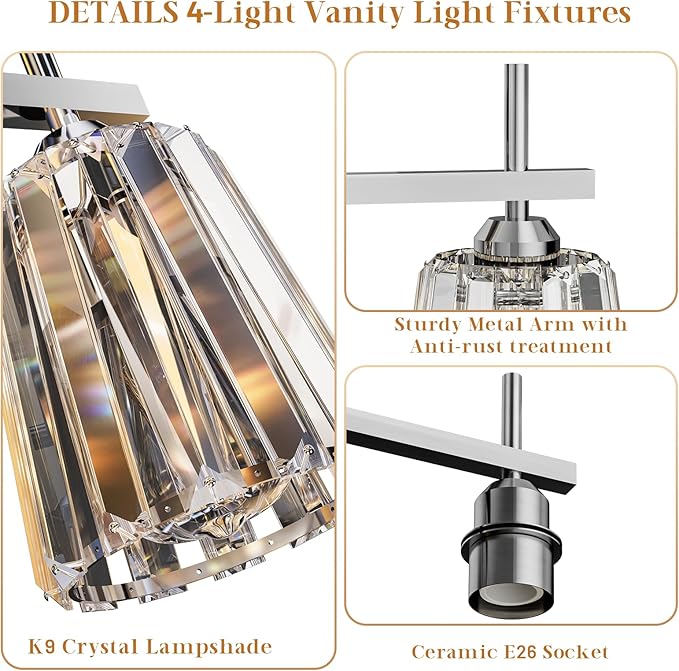 Crystal Bathroom Light Fixtures Over Mirror, Chrome 4-Light Bathroom Vanity Lights Over Mirror Modern Wall Lighting Sconces with Ceramic E26 Base (Bulbs Not Include)