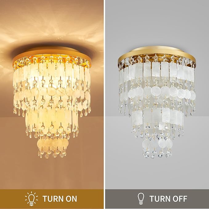 Capiz Shell Crystal Chandeliers, Close to Ceiling Coastal Style Light Fixture for Living Room, Bedroom, Dining Room, D13in x 14in, Clear Crystal & Gold Finish Frame