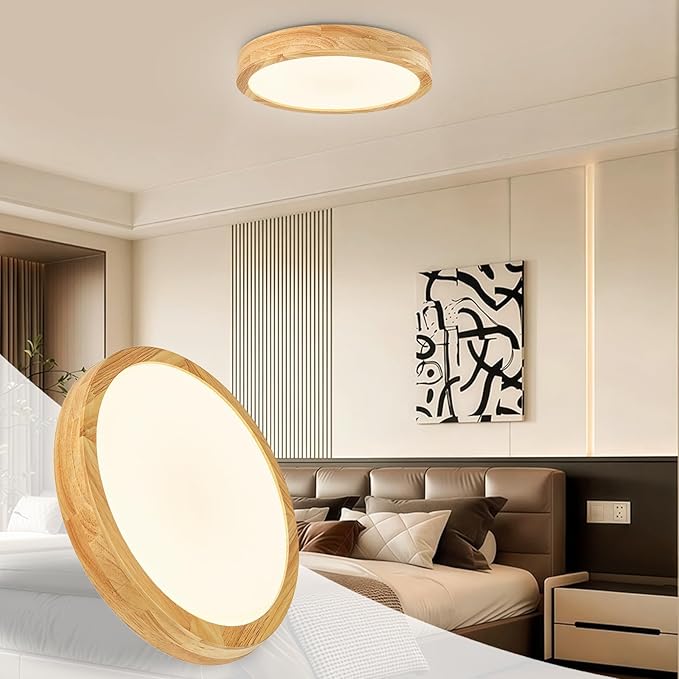 Modern Flush Mount Ceiling Light, LED Ceiling Light for Bedroom, Wood Light Fixture Warm White 3000K Not Dimmable, Round Flat Ceiling Lamp for Hallway, Kid's Room, Living Room, (Wood, 11.8")
