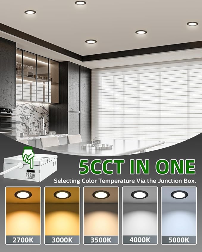 zouzai 24 Pack 6 Inch Black 5CCT Reset Ultra-Thin LED Recessed Ceiling Light with Junction Box, 2700K/3000K/3500K/4000K/5000K Selectable, 12W Eqv 110W,Dimmable- ETL and Energy Star Certified
