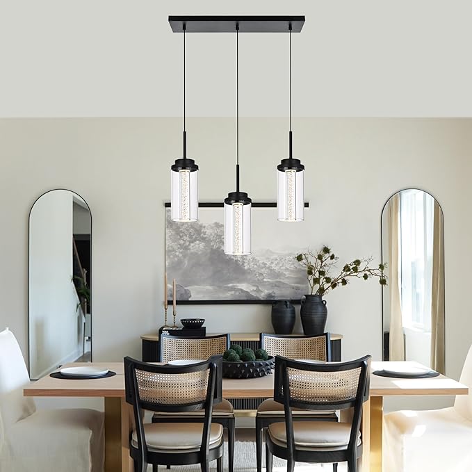 MELUCEE Dimmable LED Pendant Light 3-Light Linear Dining Room Light Fixture Over Table Black Chandelier, 3000K-6000K Adjustable Color Temperature Island Lights with Clear Glass Shade