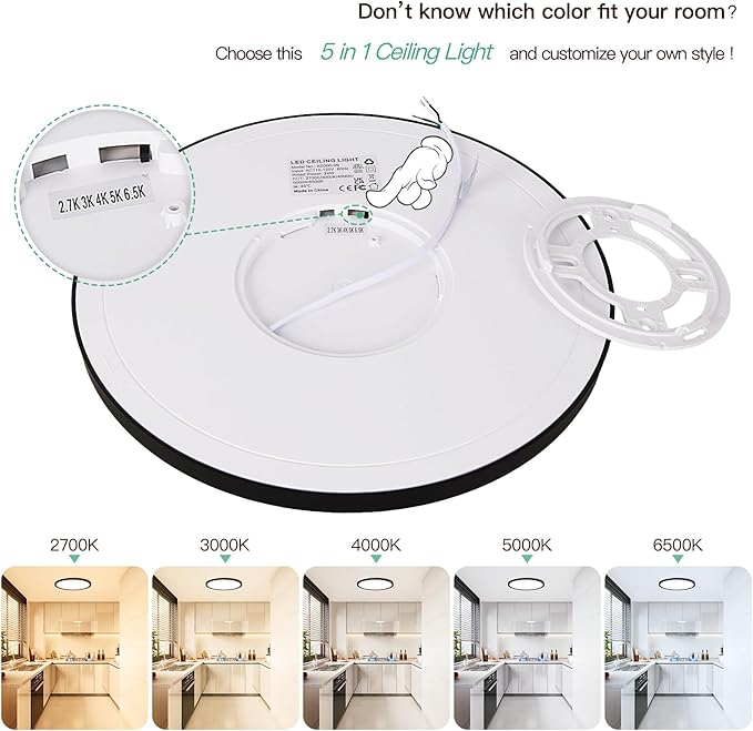Brightever Black LED Flush Mount Ceiling Light, 24W 3200LM 5CCT Dimmable LED Ceiling Light Fixture, 2700K/3000K/4000K/5000K/6500K, 12 Inch Ultra Thin Ceiling Lamp for Bedroom, Dining Room, 2 Packs